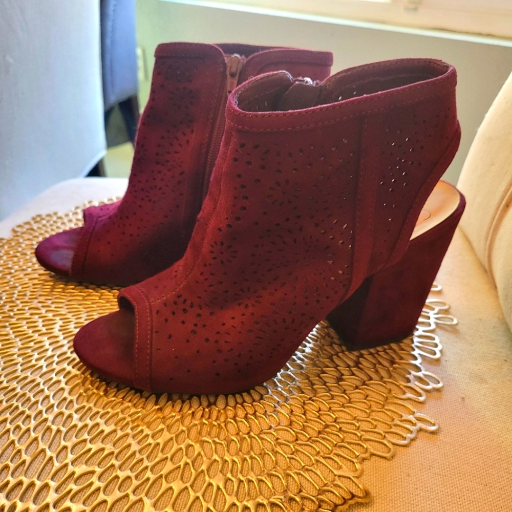 Elegant Burgundy Peep-Toe Ankle Boots, Size 8.5